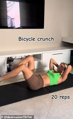 She showed viewers her five-step abdominal routine, which consisted of push-ups on the floor and on the bike.