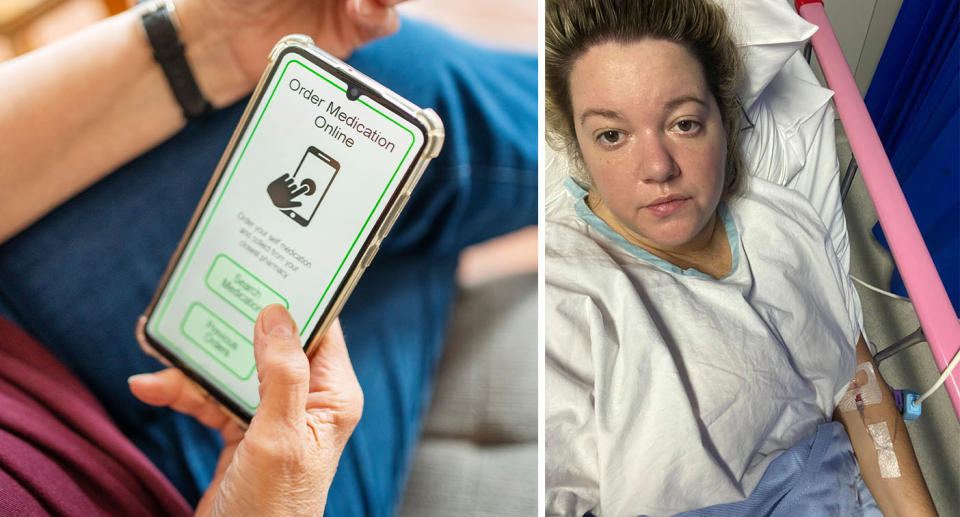 Phone screen showing online prescription service website;  Abbey Smith in a hospital bed